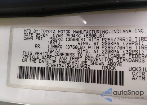 2004 Toyota Tundra Sr5 V8 z USA, uszkodzony, nr VIN 5TBET34104S455542